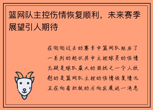 篮网队主控伤情恢复顺利，未来赛季展望引人期待